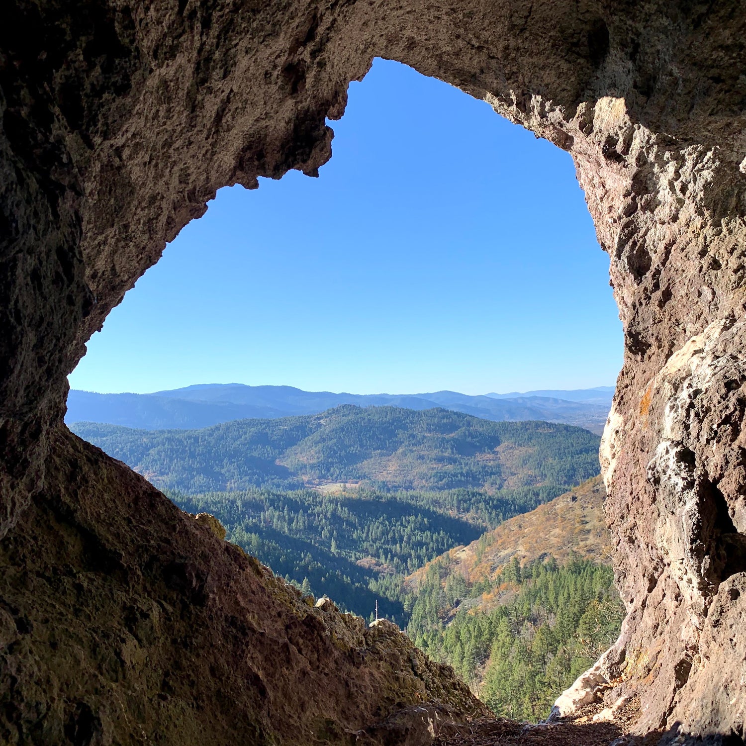 An actual cave just an hour's walk from the dark retreat “caves” southeast of Ashland, Oregon.