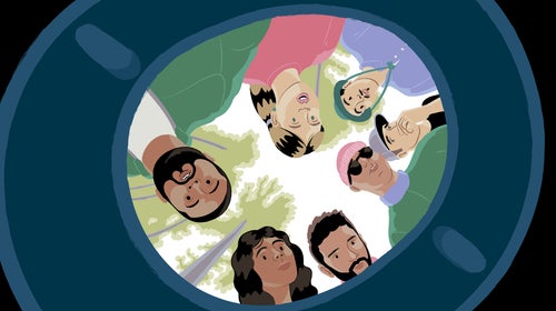 illustration of people looking down into a toilet