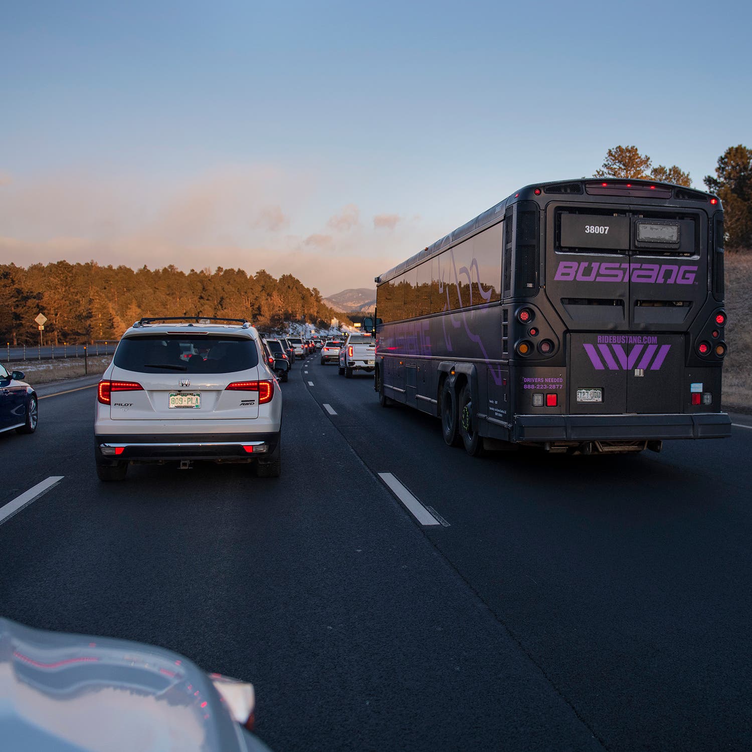 A Bustang driving west on Saturday, January 6, on I-70 in Colorado