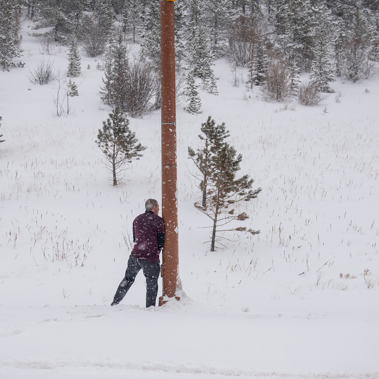A driver makes a dash the hillside to relieve himself while stop-and-go traffic gives him a reprieve during Martin Luther King weekend.