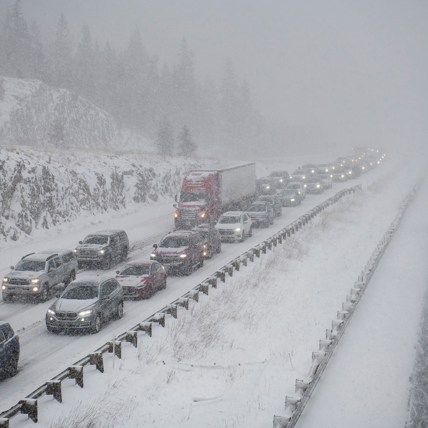Westbound traffic crawls to a stop on the Sunday of Martin Luther King weekend on I-70 in Clear Creek County, Colorado.