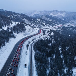 Taillights are seen heading West in a traffic jam heading down Floyd Hill during MLK weekend Sunday, Jan. 14, 2024 on Interstate 70 in Clear Creek County, Colorado.