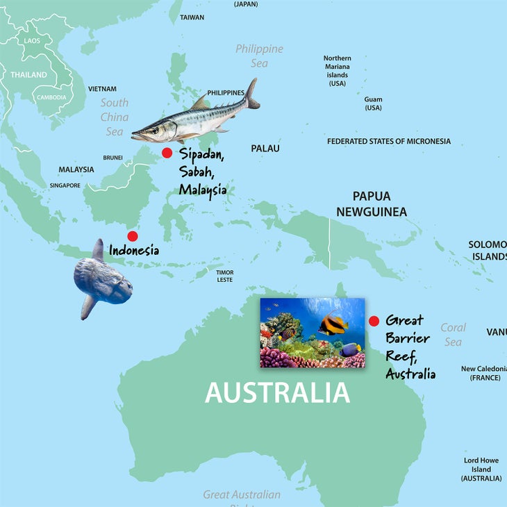 Map of scuba diving locations around Indonesia, Sabah, Malaysia, Great Barrier Reef, Australia