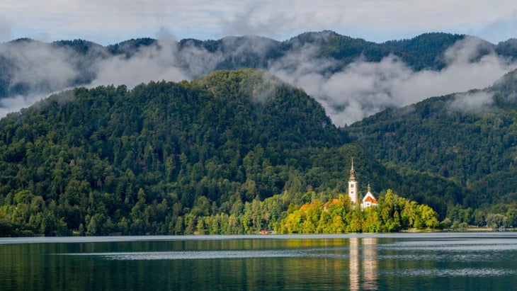 A view of Slovenia’s Bled Island and the Pilgrimage Church of the Assumption of Mary