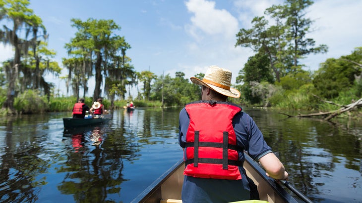 Man canoeing through wetlands in new orleans Louisiana