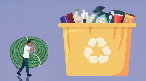 illustration of a miniature person walking a garden hose to a bin of questionable recyclables