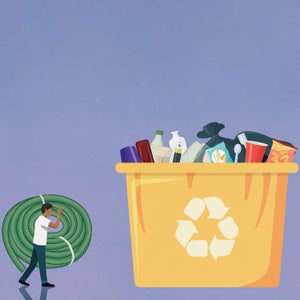 illustration of a miniature person walking a garden hose to a bin of questionable recyclables