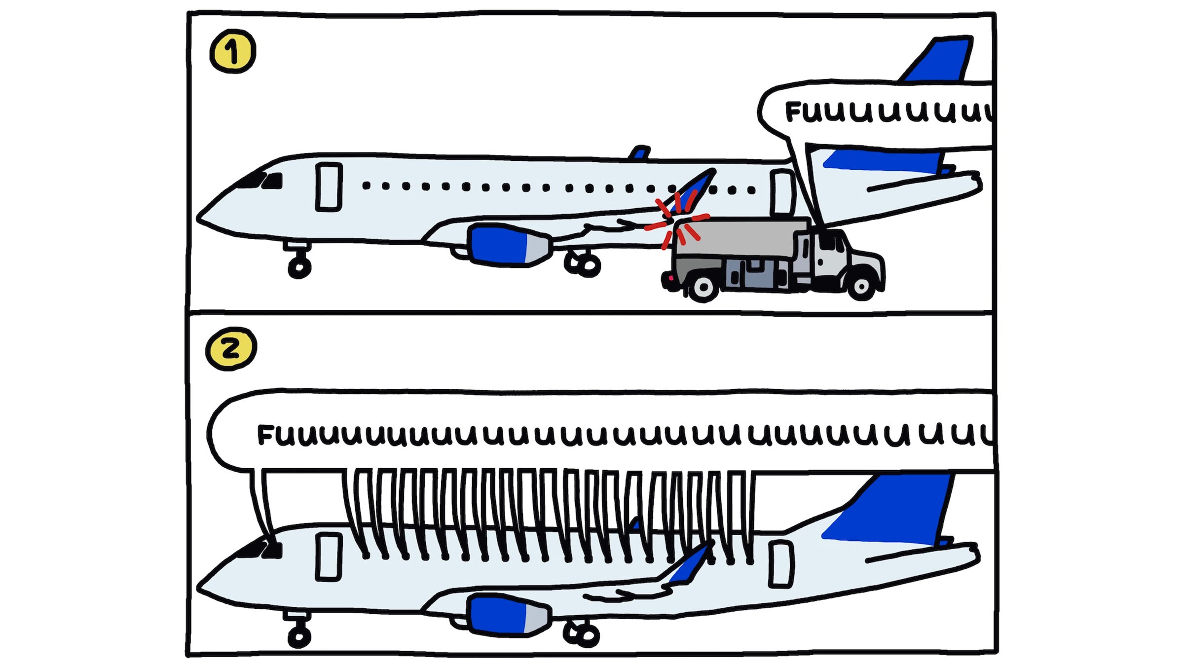 [Drawing of fuel truck bumping plane with driver going “fuuuuuuuuuuuuuck”] [Drawing of plane, “30 minutes later”, with giant balloon over windows with every passenger going “Fuuuuuuuuuuuuuuuck”]