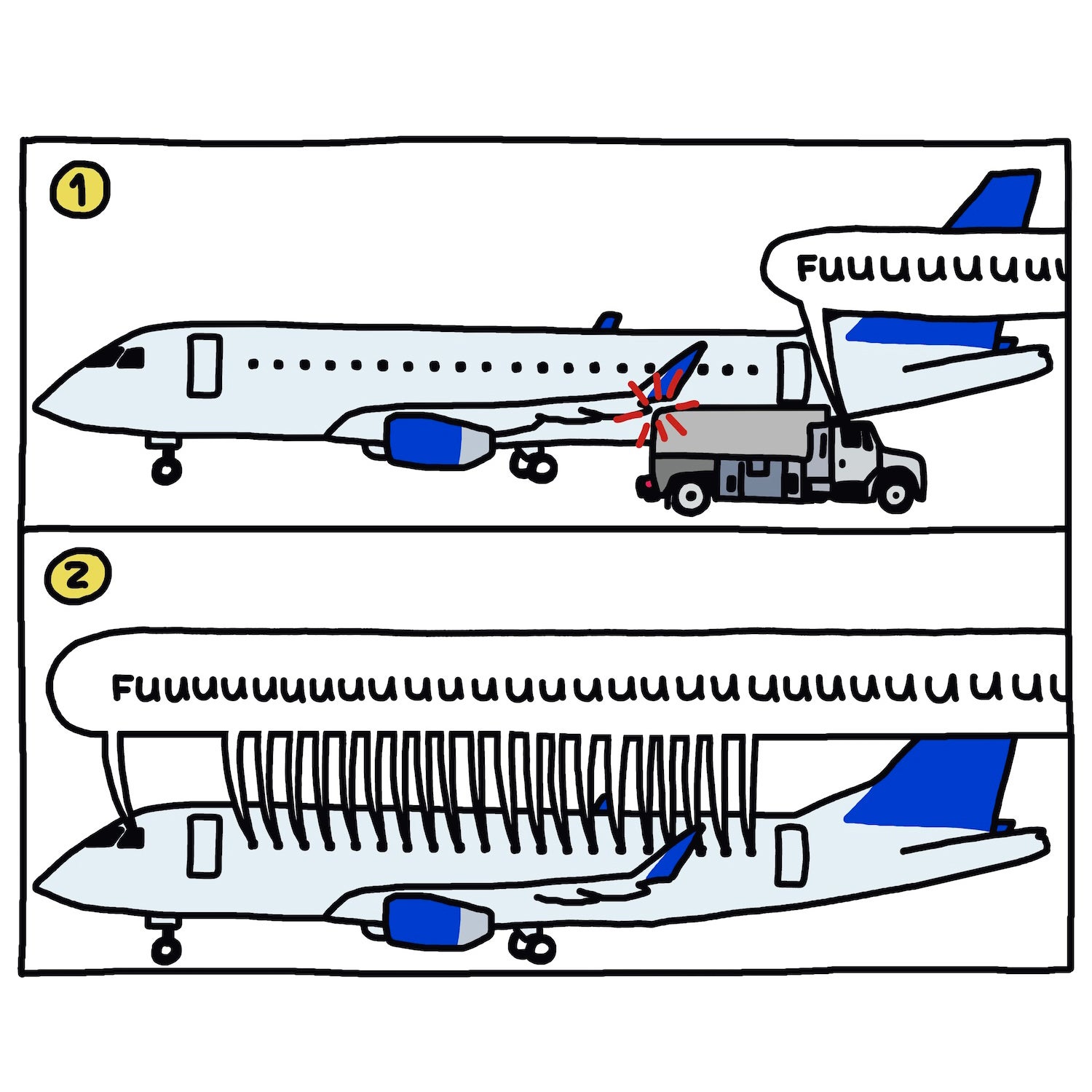 [Drawing of fuel truck bumping plane with driver going “fuuuuuuuuuuuuuck”] [Drawing of plane, “30 minutes later”, with giant balloon over windows with every passenger going “Fuuuuuuuuuuuuuuuck”]