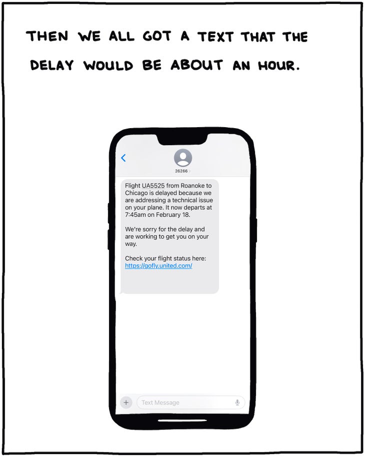 Then we all got a text that the delay would be about an hour. [screenshot of United Airlines text message]