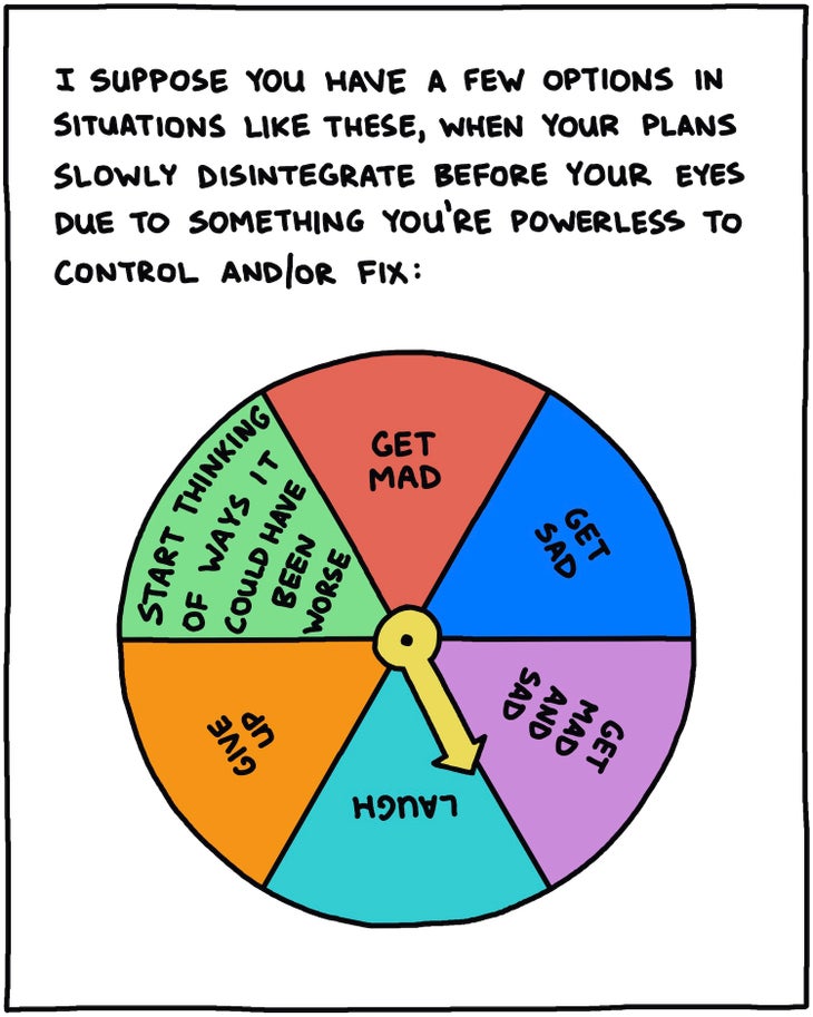 I suppose you have a few options in situations like these, when all your plans slowly disintegrate before your eyes due to something you’re powerless to control and/or fix: Drawing of wheel with choices: Get mad, Get sad, Get mad and sad, Laugh, Give up, Start thinking of ways it could have been worse