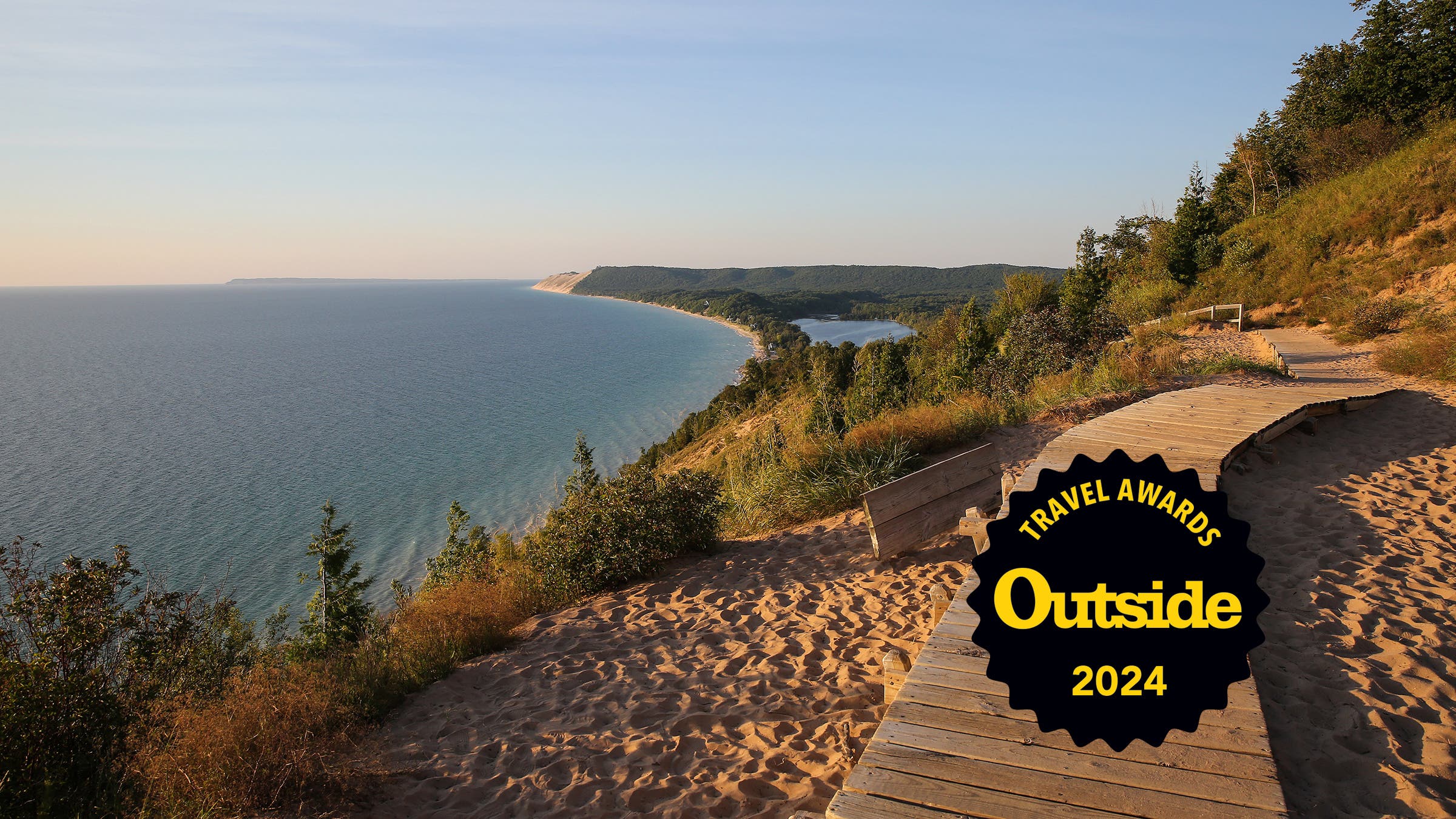 A panoramic view of Lake Michigan and Sleeping Bear Dunes National Lakeshore