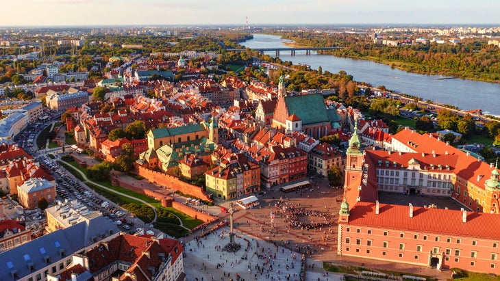 Aerial view of Warsaw old town in Poland during sunset