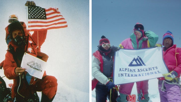 From left: Bass became the first to climb all Seven Summits when he reached the top of Everest on April 30, 1985. Burleson (center) and Lakpa Rita (right) summited Everest for their first time in 1992, alongside AAI clients.