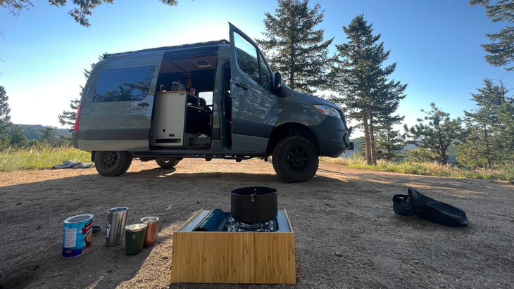 preparing to cook dinner out of a campervan near Gross Reservoir and Winiger Ridge in Colorado