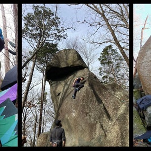 Three side-by-side climbing shots that show the climbing variety at the Asheboro Boulders.