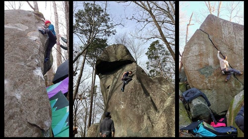 Three side-by-side climbing shots that show the climbing variety at the Asheboro Boulders.