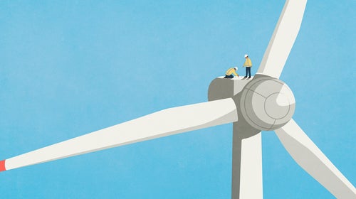 illustration of two workers on top of a wind turbine