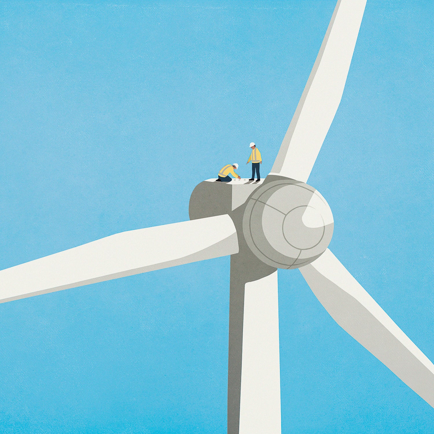 illustration of two workers on top of a wind turbine