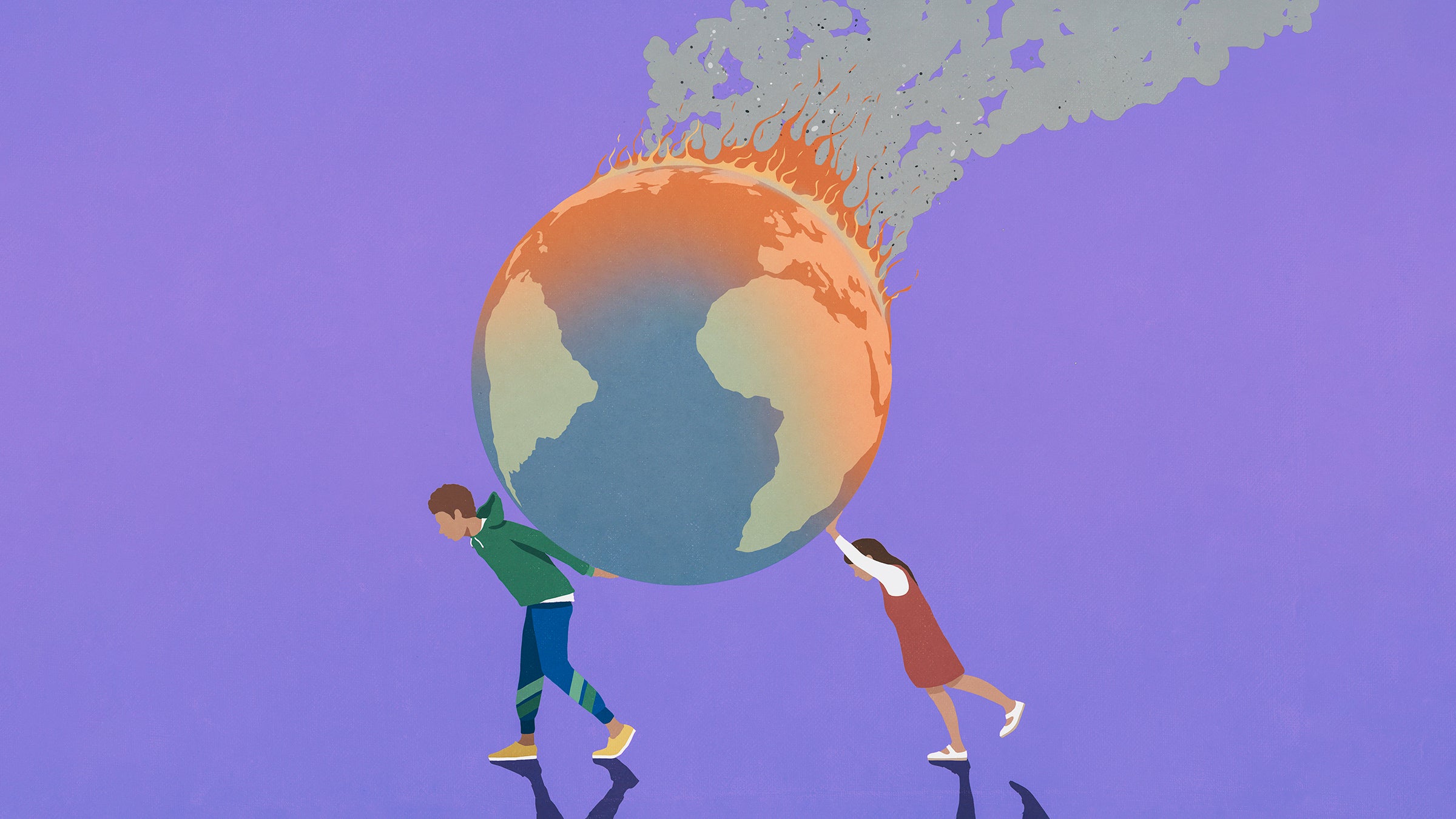 illustration of two people carrying a flaming earth