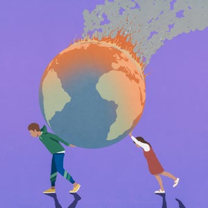 illustration of two people carrying a flaming earth