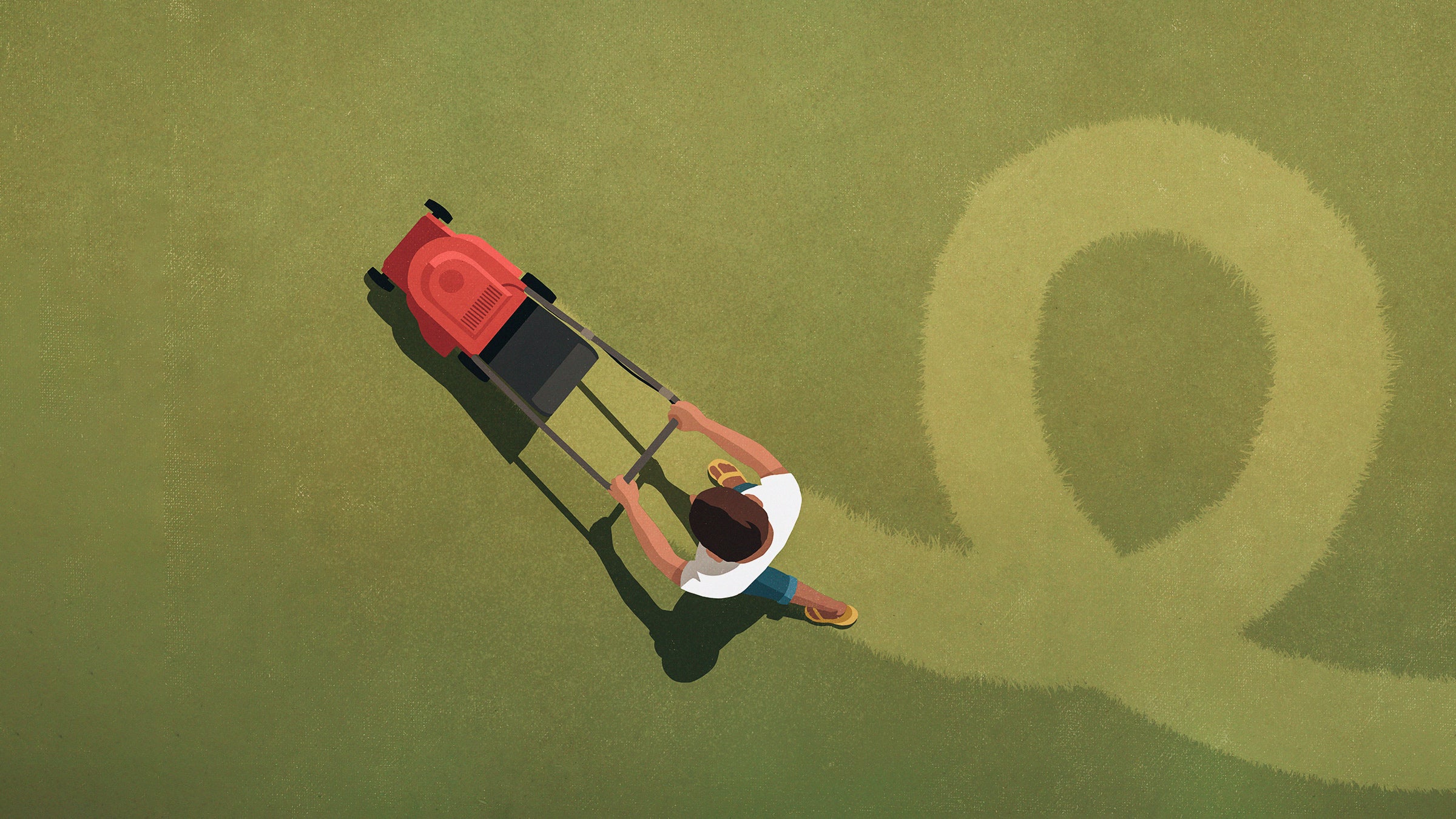 Overhead illustration of a person mowing a lawn