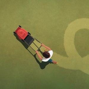 Overhead illustration of a person mowing a lawn