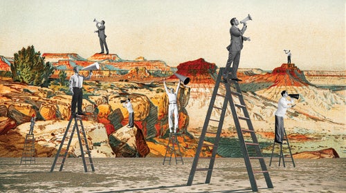 Illustration of men amplifying their voices on ladders in a canyon