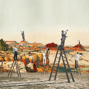 Illustration of men amplifying their voices on ladders in a canyon
