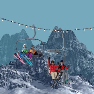 Photo illustration of skiers on a chairlift in old and new gear