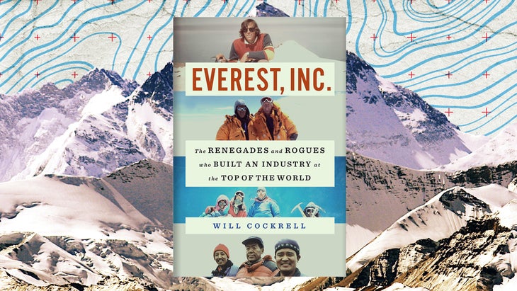 image of the "Everest Inc" book cover over Everest with a topo map background
