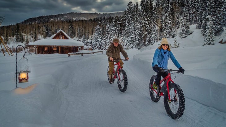 Snow covers the landscape many months of the year, but Dunton in winter has its appeals and recreational vehicles—fat-tire biking. 