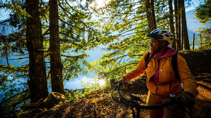 woman on bike trail, Port Angeles, Washington