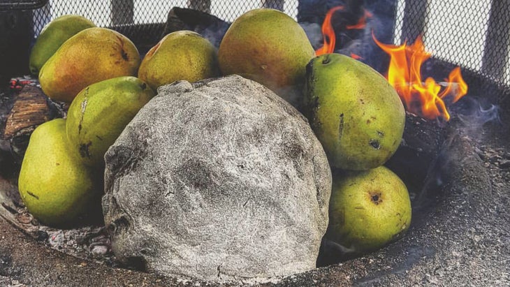 Grilled pears and celery root, crusted with a mix of salt and dirt