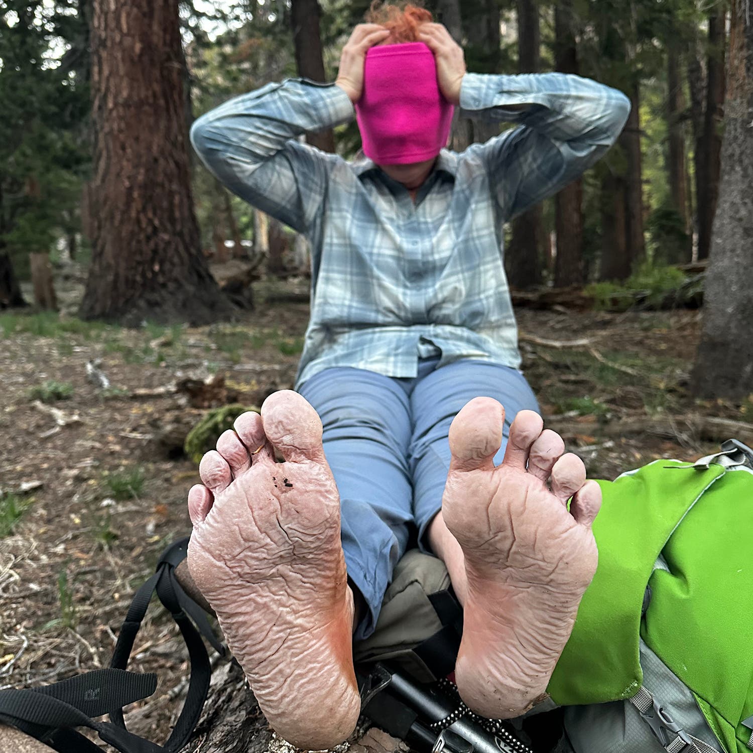 Gerda questions her decision to wear trail runners after hiking through snow all day.