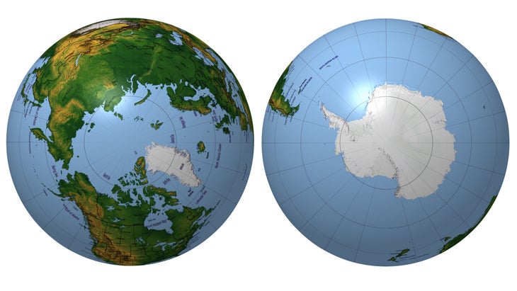 globes showing North and South poles