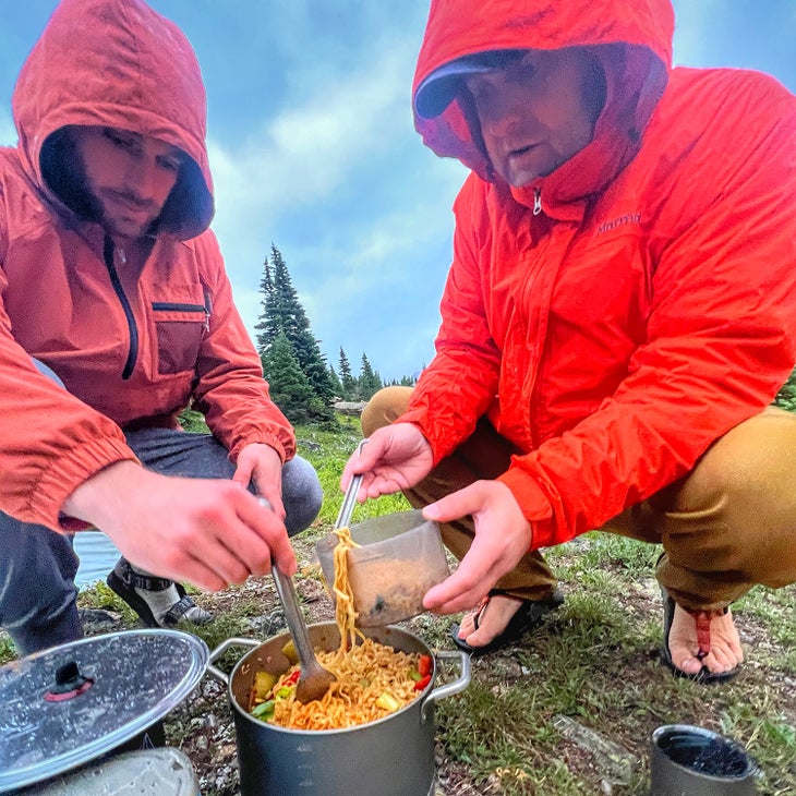 Backcountry experts noodling around at their campsite by Caribou Lake