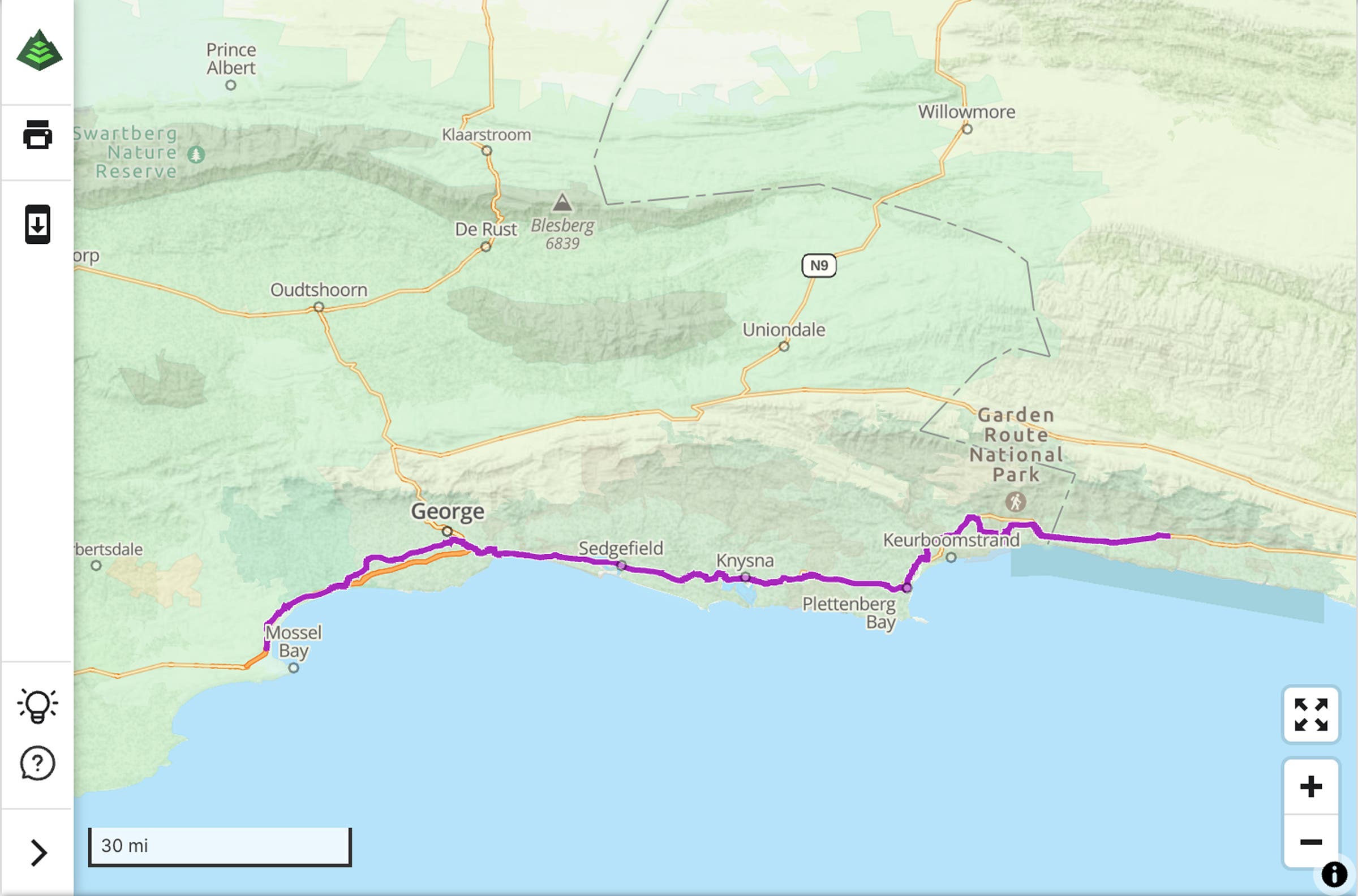 The Garden Route, South Africa map