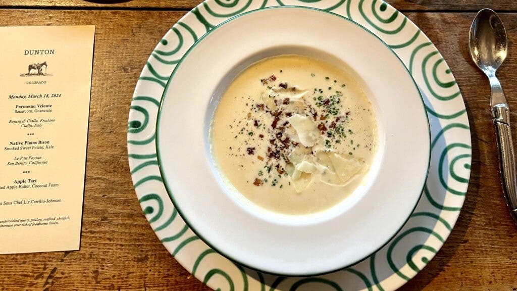 A winter soup starts dinner one night at Dunton Hot Springs.