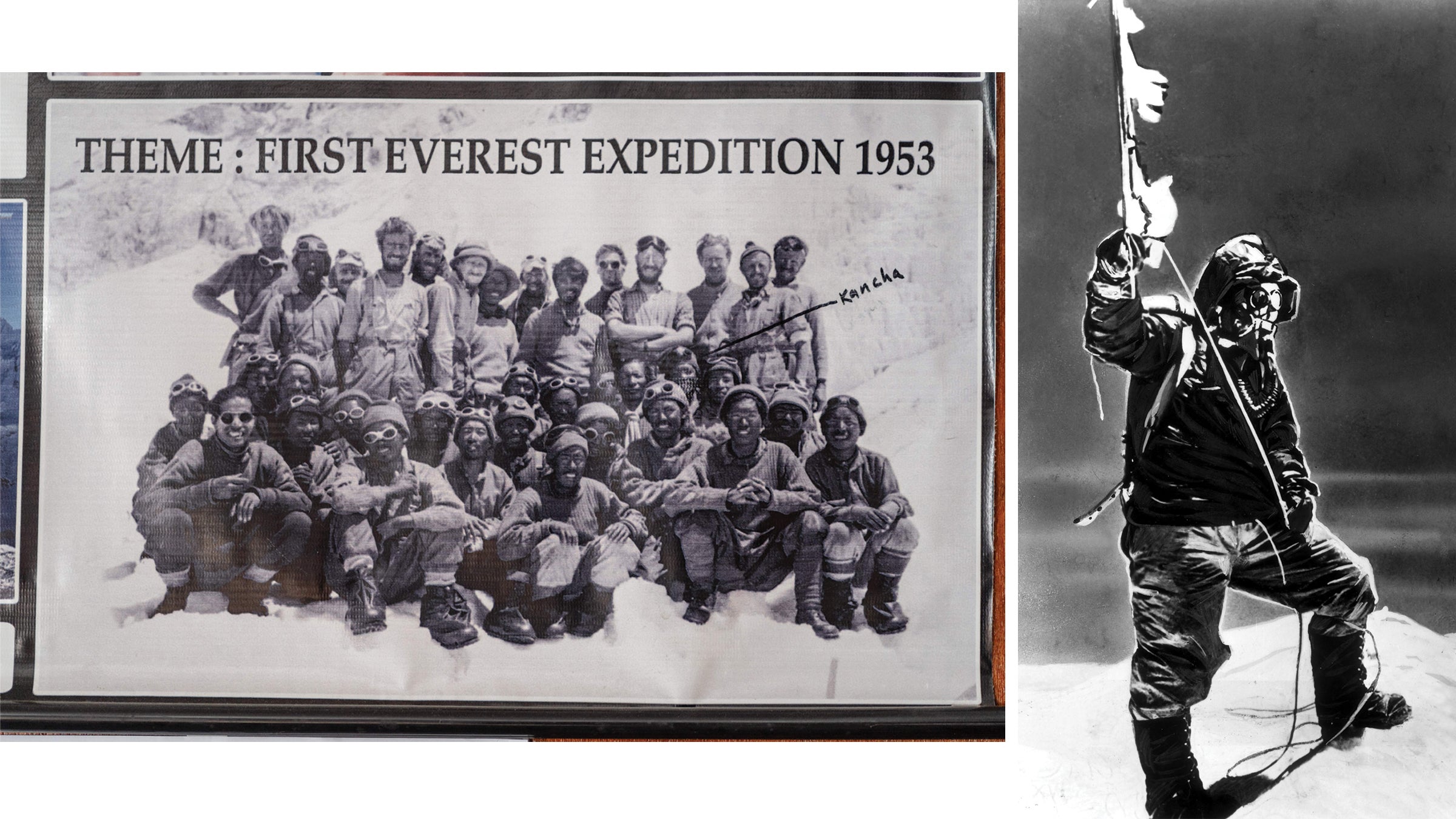 Left: a group shot of the 1953 British expedition team. Right: Tenzing on the summit.