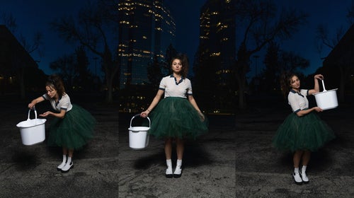 Three images of runner Alexi Pappas spliced together. She is holding a white bucket and wearing a green tulle skirt and white polo.