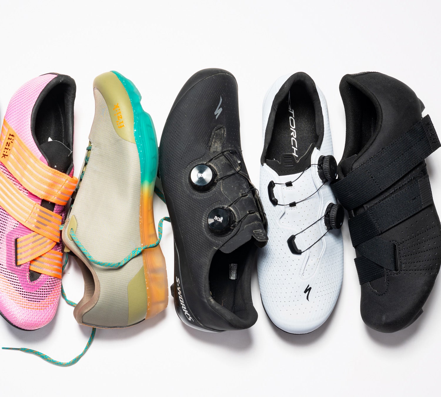 Colorful cycling shoes displayed on white background