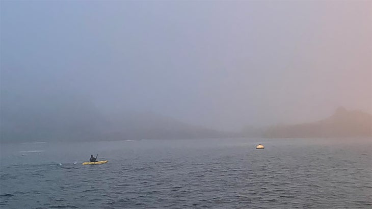 A swimmer and kayaker reach the Farallon Islands. 