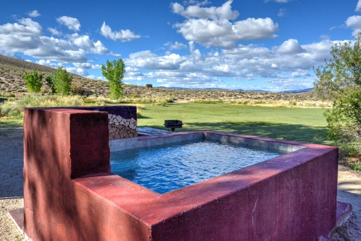 At Benton Hot Springs, 40 miles north of Bishop, California, the dozen campsites each have a private hot-springs-fed tub, a fire pit, and a picnic table. Views of the eastern Sierra also included. 