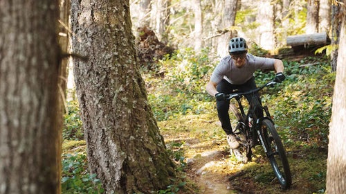 Man riding mountain bike on forested single track trail