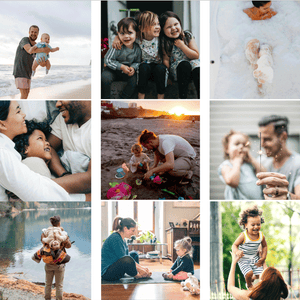 A collage of images of various dads, friends, kids, and others depicting Mother's Day gift ideas.