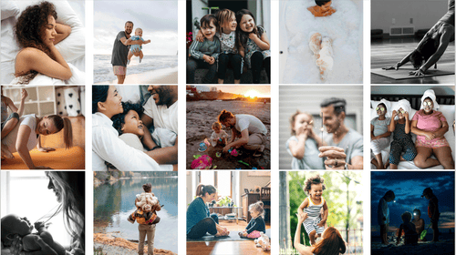 A collage of images of various dads, friends, kids, and others depicting Mother's Day gift ideas.