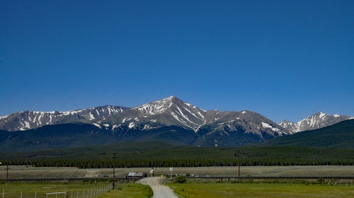 Mount Elbert the tallest mountain in Colorado seen from the valley floor on a clear blue day