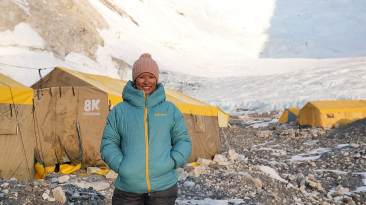 Purnima Shrestha stands in the Western Cwm below Mount Everest. 