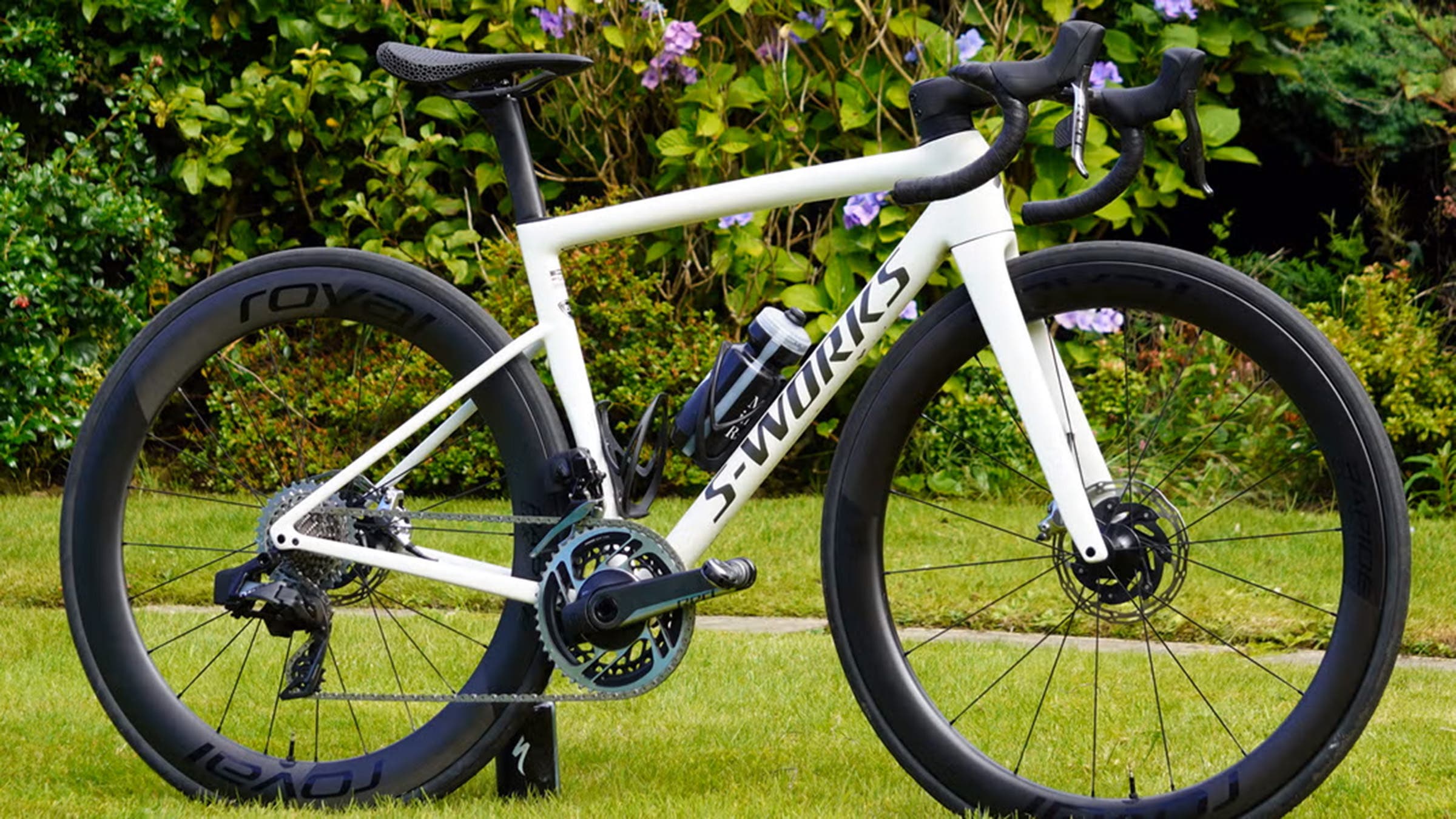 White Specialized Tarmac road bike staged on grassy lawn